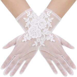 Women's Lvory 02 Short Floral Lace Gloves Sheer Mesh Bridal Wedding Party Prom